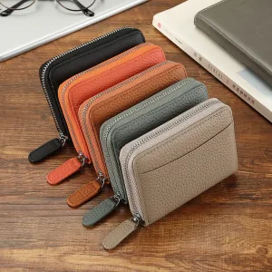 Portecartes En Cuir Véritable Fermeture Éclair Grande Capacité Mode Femme Pochette Pour Cartes